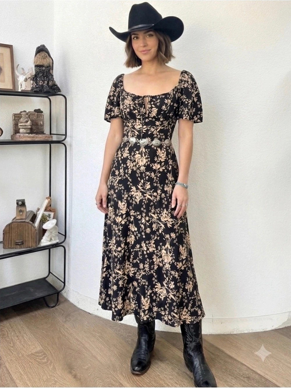 A New Day Floral Midi Dress in Black & Pink Size Medium